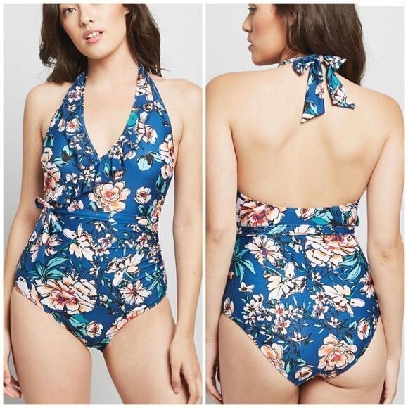 NEW ModCloth Blue Floral Reese One Piece Swimsuit - Picture 1 of 6